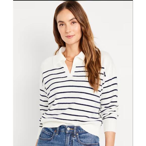 Old Navy SoSoft Collared Sweater Striped White Navy Blue Size M NWT - Picture 1 of 4